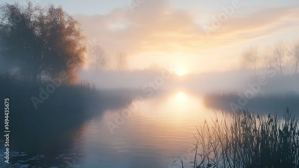 Obraz A beautiful lake with a refreshing sun setting and beautiful trees.