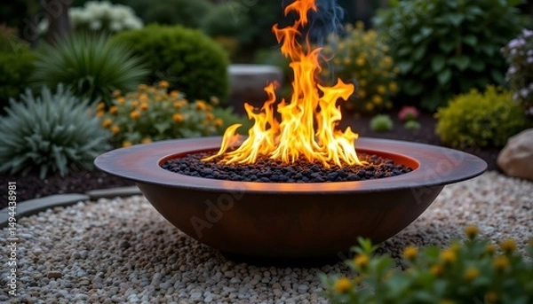 Fototapeta A circular structure, crafted from weathered steel, radiating warmth and ambient light