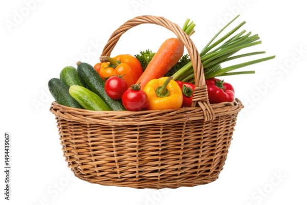 Fototapeta PNG Woven basket of fresh vegetables including carrots, bell peppers, cucumbers, and scallions