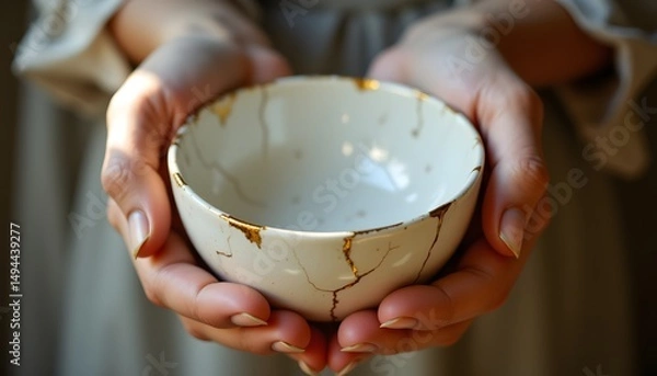 Obraz A pair of delicately veined female hands cradle a white porcelain bowl. The bowl, aged and bearing the marks of time, is mended with the kintsugi technique