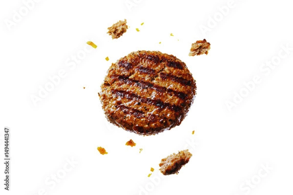 Fototapeta Delicious grilled burger patty falling with crumbs isolated transparent background