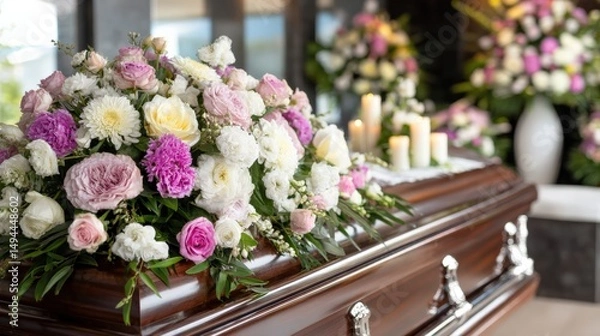 Obraz A wooden casket adorned with pink and white flowers, surrounded by lit candles and floral arrangements at a funeral service.