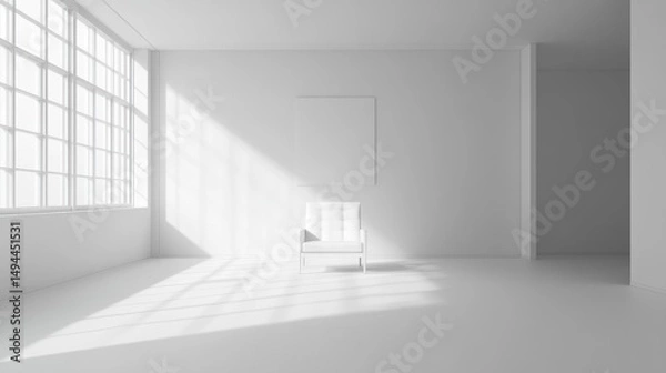 Fototapeta Serene Minimalist Room: White Chair, Sunlight, and Blank Canvas