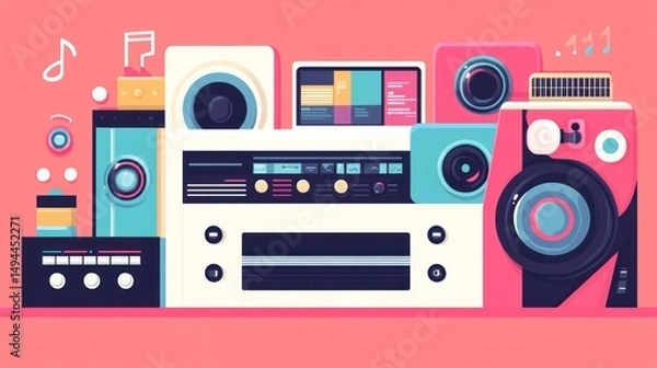 Fototapeta Retro Music Tech Collage: A vibrant illustration of vintage audio equipment and music technology, showcasing a nostalgic blend of classic and modern aesthetics.