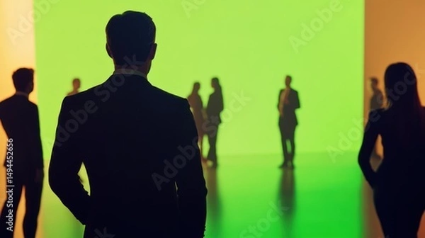 Fototapeta Silhouette of a Businessman Against a Green Background, Surrounded by Colleagues