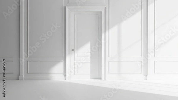 Fototapeta Sunlit White Room Interior Design with Classic Door