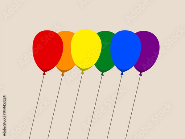 Fototapeta Six colorful balloons in red orange yellow green blue and purple stand in row symbolizing pride and celebration with minimalistic background and cheerful mood
