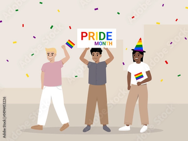 Fototapeta Three diverse people celebrate pride month, holding rainbow flags and colorful sign, surrounded by confetti, expressing joy and support for LGBTQ community