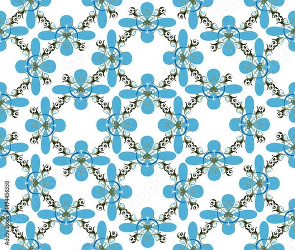 Obraz Blue, green black elements in the form of stylized leaves. Seamless pattern of elements, reminiscent of Old Russian painting.