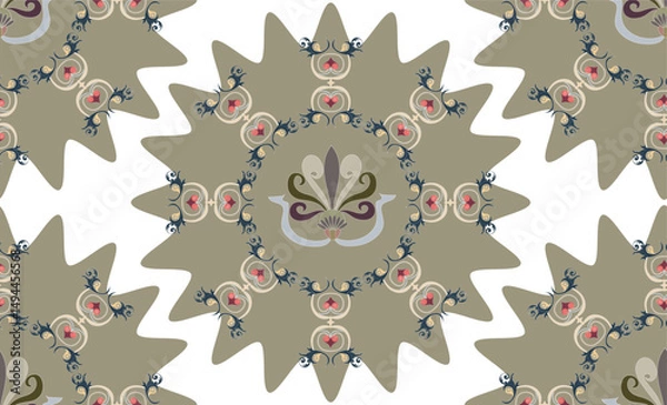 Obraz Red, brown, blue elements in the form of stylized leaves and flowers. Seamless pattern of elements, reminiscent of Old Russian painting