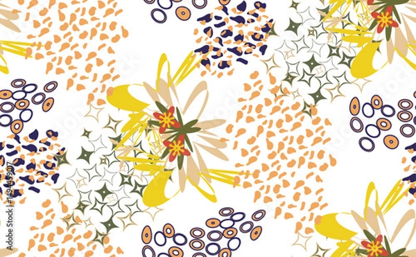 Obraz Red, purple, brown, elements in the form of stylized plants, spots, rhombuses, ovals form a seamless pattern for postcards, presentations, textiles, websites.