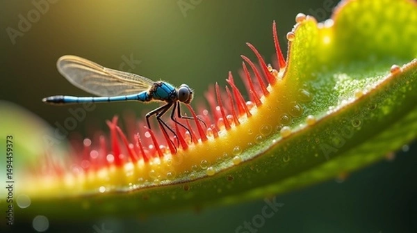 Obraz leaf of sundew a dragonfly is caught in the sticky fluid on the ends on the leaf of the glandular hair