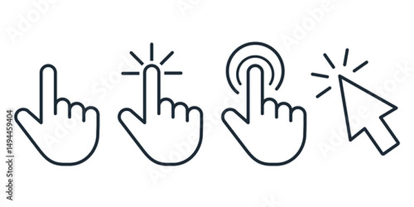 Obraz Clicking cursor, pointing hand clicks. Vector linear icon illustration isolated on white background.