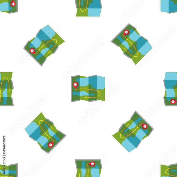 Fototapeta Seamless Pattern of Folded Maps with Route and Destination Pin Marking