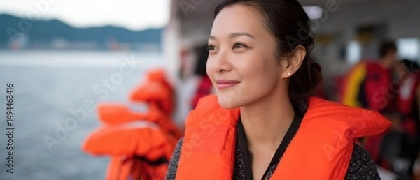 Obraz Asian Female Traveler at Ferry Safety Briefing with Ocean View