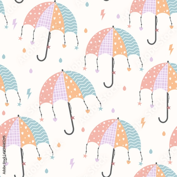 Obraz kids seamless pattern, umbrella , rain, cloud pattern, baby, child, children, fabric, textile, paper, boho, bohemian