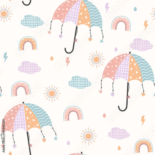 Obraz kids seamless pattern, umbrella , rain, cloud pattern, baby, child, children, fabric, textile, paper, boho, bohemian