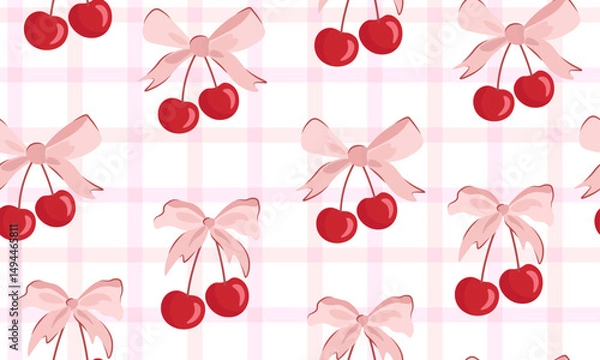 Obraz bow seamless patterns, ribbon, gift wrapping paper seamless pattern, Vector graphics. happy birthday, anniversary, party, celebration, fabric, textile, cherry and bow ribbon, check, red and pink