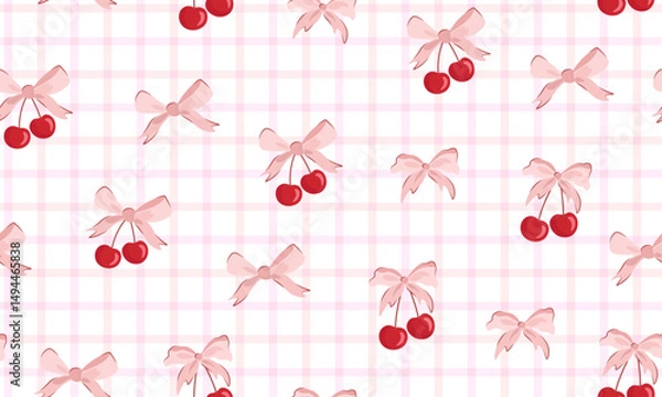 Obraz bow seamless patterns, ribbon, gift wrapping paper seamless pattern, Vector graphics. happy birthday, anniversary, party, celebration, fabric, textile, cherry and bow ribbon, check, red and pink
