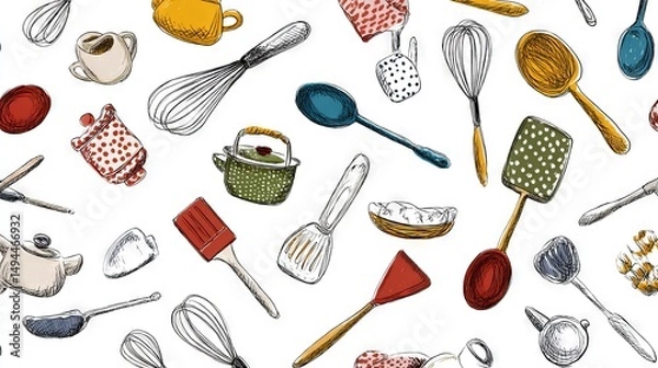 Obraz Hand-Drawn Kitchen Tools Array with Doodles and Enhanced Colors