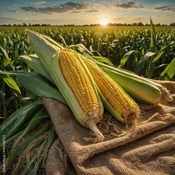 Obraz "Fresh corn on the cob with husks partially peeled back, resting on a burlap sack with a background of green cornfield, early morning sunlight, photorealistic textures"