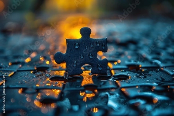 Fototapeta Close-up of a puzzle piece in rain with vibrant lighting effects at dusk.