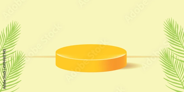 Fototapeta Podium for summer sale. Realistic background with yellow platform and tropical leaves. Vector illustration