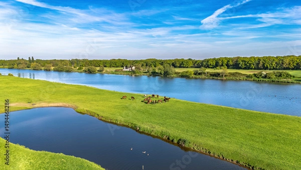 Fototapeta Aerial drone view of typical Dutch countryside landscape with green meadow, horses and waterfowls, peaceful rural landscape with river Meuse in spring, the Netherlands