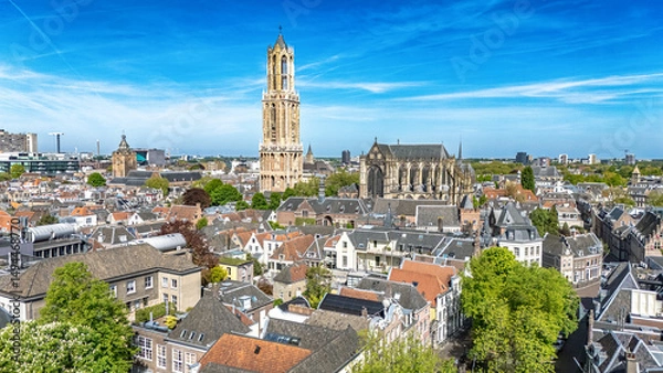 Fototapeta Utrecht town аerial drone view from above, typical Dutch city skyline, Utrecht cityscape with tower, canals and houses, Holland, Netherlands