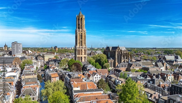 Fototapeta Utrecht town аerial drone view from above, typical Dutch city skyline, Utrecht cityscape with tower, canals and houses, Holland, Netherlands