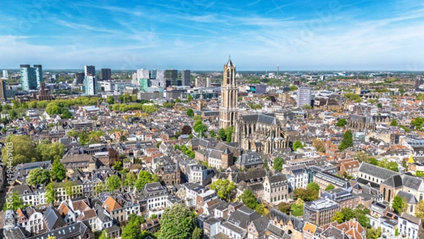 Fototapeta Utrecht town аerial drone view from above, typical Dutch city skyline, Utrecht cityscape with tower, canals and houses, Holland, Netherlands