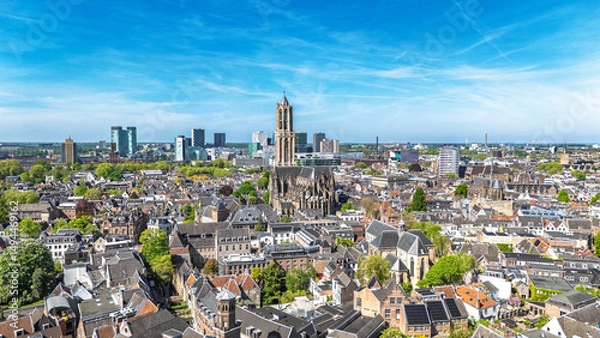 Fototapeta Utrecht town аerial drone view from above, typical Dutch city skyline, Utrecht cityscape with tower, canals and houses, Holland, Netherlands