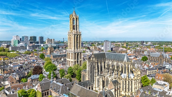 Fototapeta Utrecht town аerial drone view from above, typical Dutch city skyline, Utrecht cityscape with tower, canals and houses, Holland, Netherlands