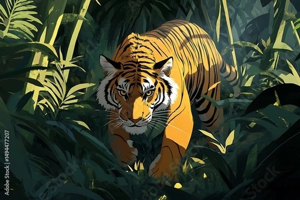 Fototapeta Illustration of a tiger walking through dense jungle foliage with a focused intense gaze forward