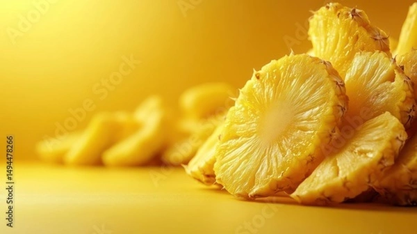 Fototapeta Fresh pineapple slices stacked on a yellow background.