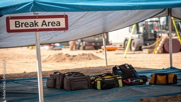 Fototapeta A shaded break area with bags underneath a tent sign, indicating a place for rest and relaxation on a work site.
