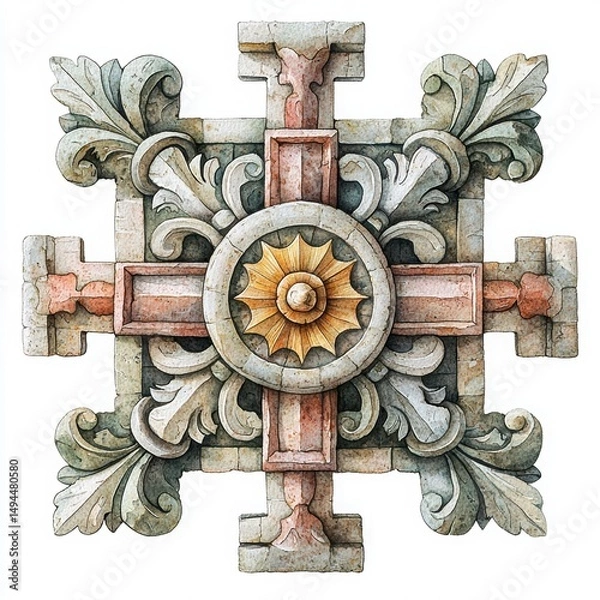 Fototapeta Intricate Decorative Architectural Element with Floral Motifs and Sun