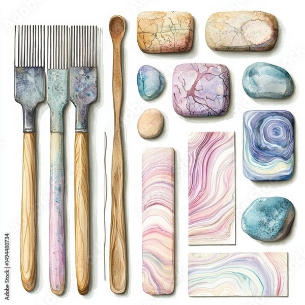 Fototapeta Artisanal Tools and Colorful Stones for Creative Craft Projects