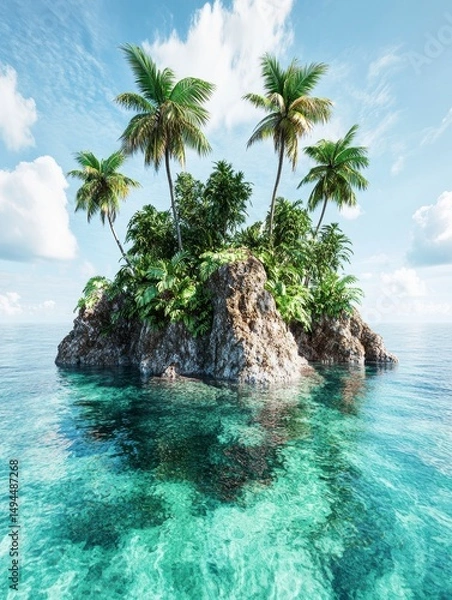 Obraz Serene Tropical Island Paradise Palm Trees, Crystal Clear Waters, and Lush Greenery