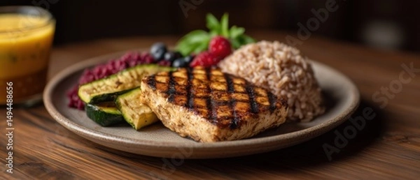 Obraz Grilled Zucchini and Chicken Lunch on Rustic Plate with Garnish
