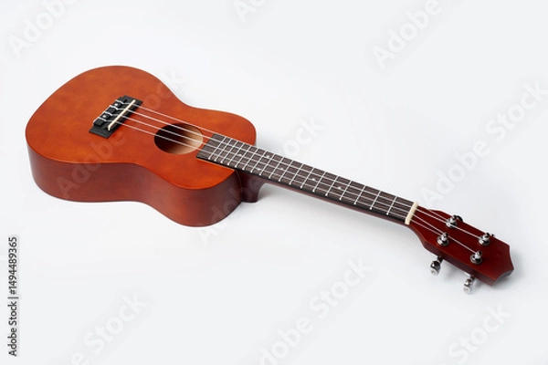 Obraz Ukulele made of natural wood of dark color photographed on a white background.