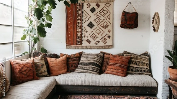 Fototapeta Cozy corner with patterned pillows and rug