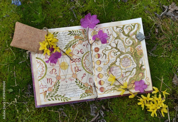 Fototapeta Mystic still life with decorated old pages with fantasy and mystic symbols of witch magic spell book, with flowers on moss. Gothic and esoteric background. Only fantasy letters, no foreign language