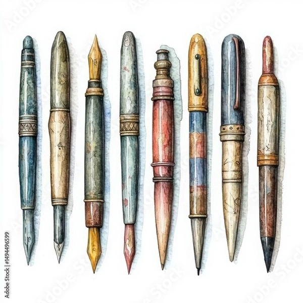 Fototapeta Collection of Vintage Writing Instruments on White Background