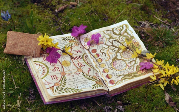 Fototapeta Mystic still life with decorated old pages with fantasy and mystic symbols of witch magic spell book, with flowers on moss. Gothic and esoteric background. Only fantasy letters, no foreign language