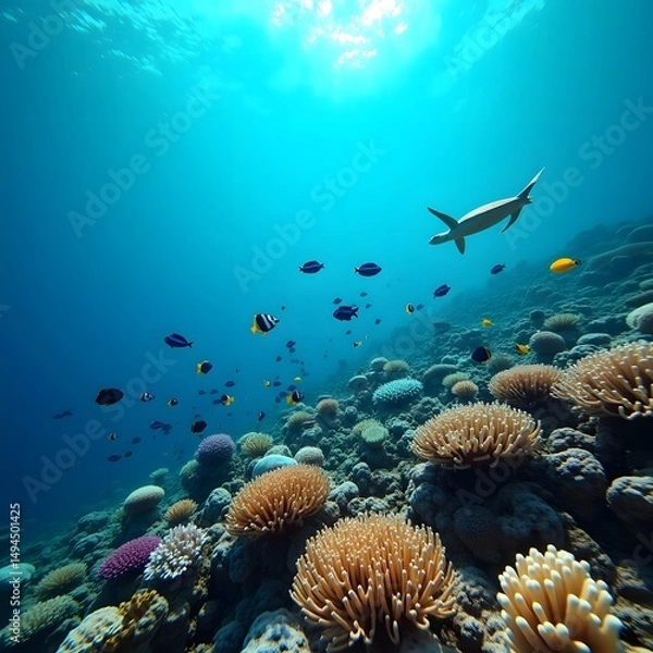 Fototapeta coral reef with fish under deep sea