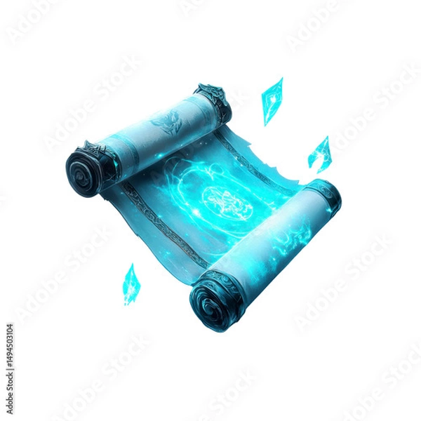 Fototapeta Glowing Blue Magic Scroll with Crystal Shards