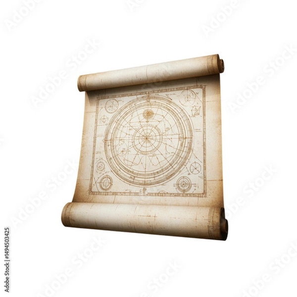 Fototapeta Ancient Cosmological Map on Rolled Parchment - Mystical Celestial Chart