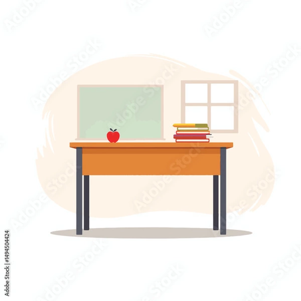 Fototapeta Classic school desk with apple and books in abstract classroom, education