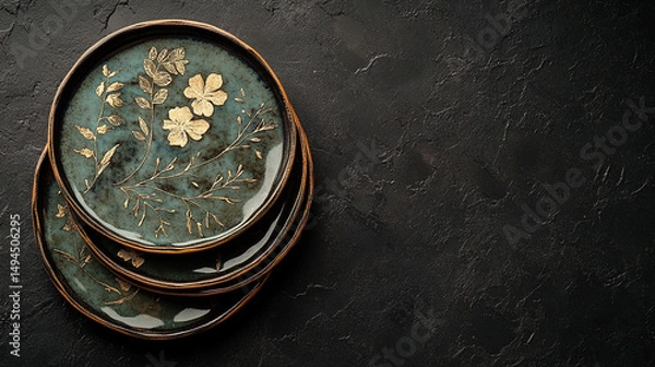 Obraz Ceramic plates with gold botanical pattern on